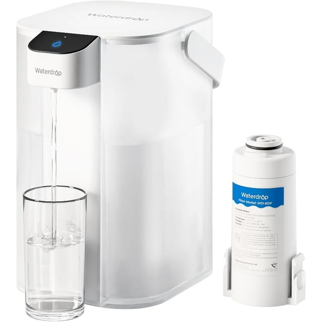 Waterdrop Jarra eléctrica con filtro de agua, dispensador de agua recargable de 200 galones, sistema instantáneo de encimera de 15 tazas, NSF/ANSI 401 y 53 y 42 y 372, reduce PFAS, plomo, cloro, blanc