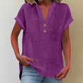 thumbnail image 2 of Gkeoshab Women's Casual Linen V-Neck T-Shirt Button Detail Short Sleeve Top Cotton Blend Relaxed Blouse Purple XXL, 2 of 9