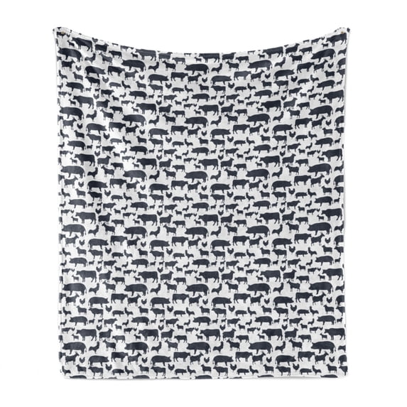 Cattle Soft Flannel Fleece Blanket, Farm Animals Silhouette Background Style Pattern for Agriculture Theme, Cozy Plush for Indoor and Outdoor Use, 60" x 80", White and Dark Blue Grey, by Ambesonne