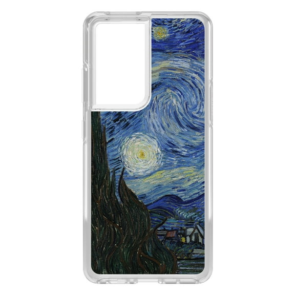 DistinctInk Clear Shockproof Hybrid Case for Galaxy S21 ULTRA 5G (6.8" Screen) - TPU Bumper, Acrylic Back, Tempered Glass Screen Protector - Van Gogh Starry Night - Classic Art