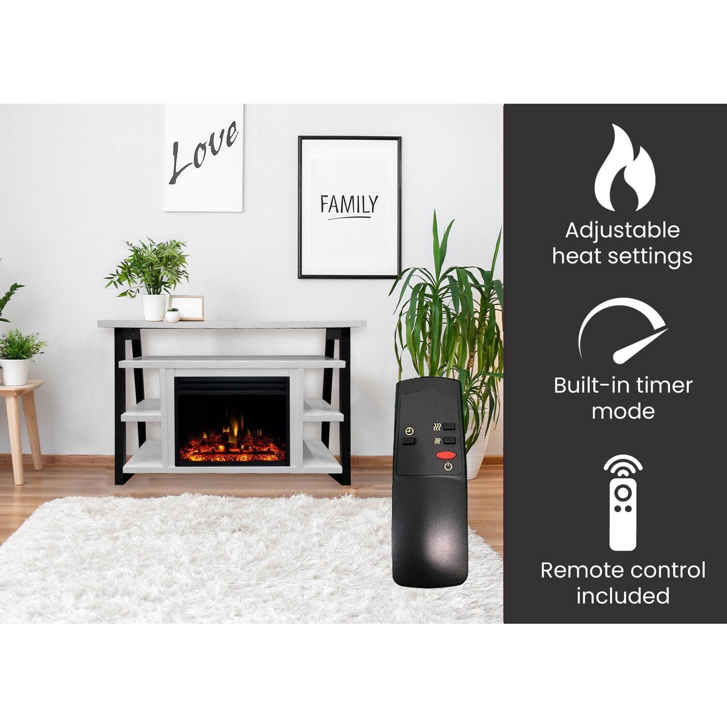 Hanover 32-In. Industrial Chic Electric Fireplace Heater with Deep Log Display and 5 Flame Colors, White/Black