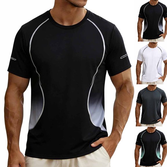 Mens Shirts Dqueduo Men's Solid Color Stretch Running Tee-Breathable Short Sleeve Crew Neck for Sports & Casual Black L