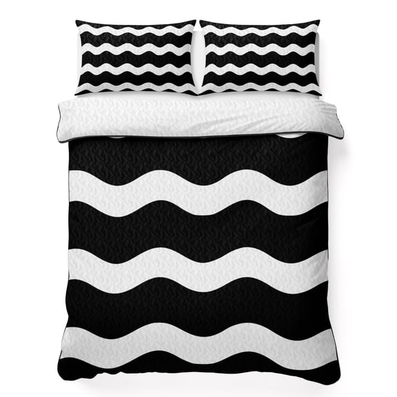 Black Wavy 3 Piece Quilt Bedding Set with 2 Pillow Shams, Stripes Lightweight Bedspread Coverlet, Soft Breathable All Season Quilt, 68 x 86 Inch