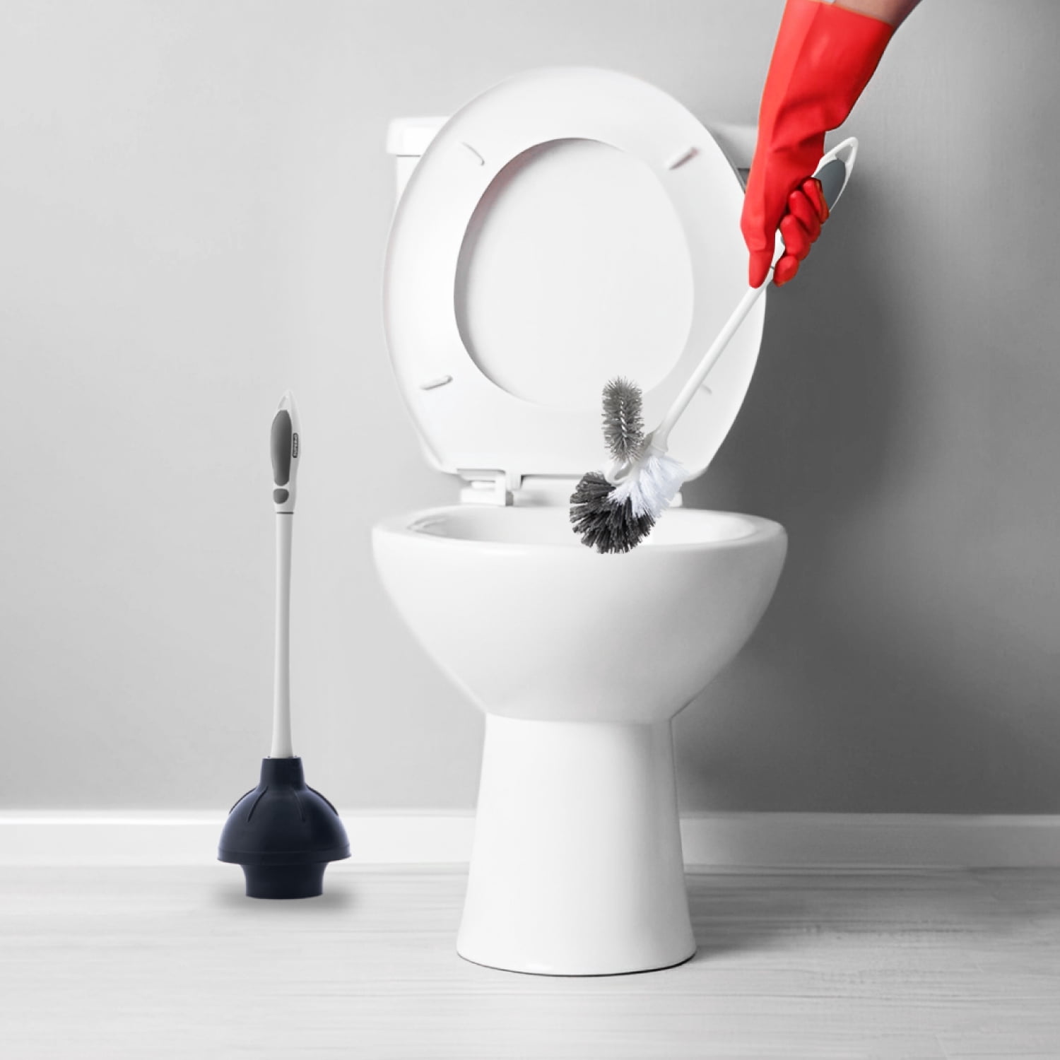 Superio Sink & Toilet Plunger + Toilet Bowl Brush and Holder Set - Dual-Purpose Drain Plunger with Mold-Resistant Rubber Head & Ergonomic Grip