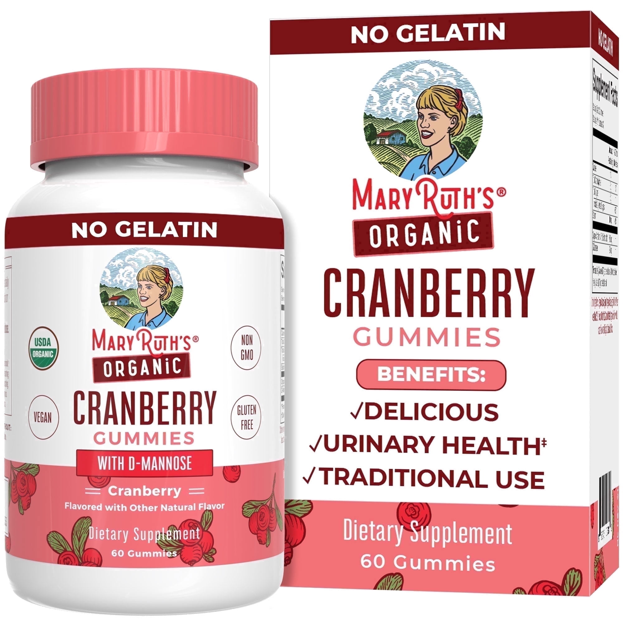 MaryRuth's Cranberry D-Mannose Gummies USDA Organic 500mg Cranberry Extract Urinary Health Vegan Adults Ages 18+, 60 Count