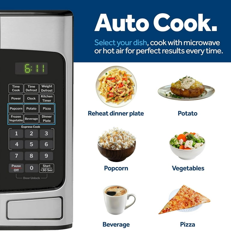 GE Countertop Microwave Oven, Compact 1.1 Cubic Ft., 950-watt Capacity, 6 Auto Cooking Settings, Child-Lock Technology, Kitchen Essentials for the Countertop, Dorm Room or Apartment, Stainless Steel