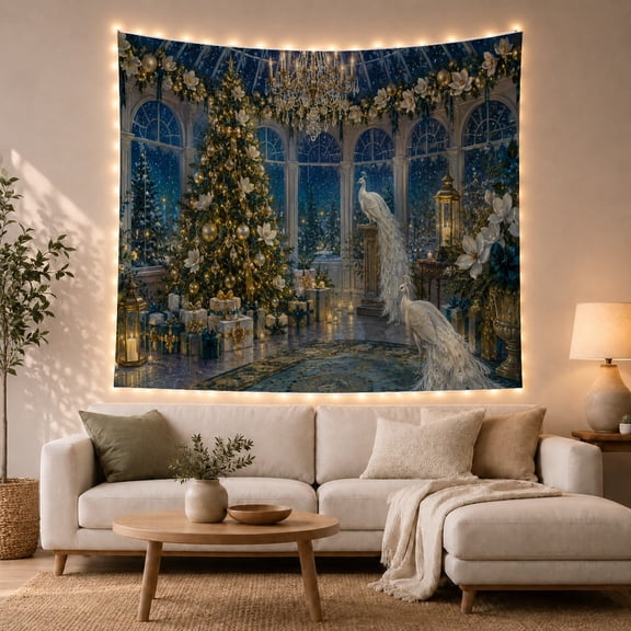 White Peacocks in Grand Classical Room with Snowy Night View, Serene Cottagecore for Holiday Decor Lovers, Opulent Art Print, Christmas Gift Tapestry Wall Hanging for Living Room and Bedroom