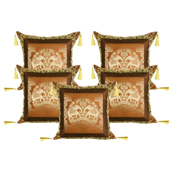 Stylo Culture Ethnic Brocade Decorative Throw Pillow Covers Coffee Brown Gold 18 x 18 Jacquard Weave Tassels Couch Cushion Covers 45x45 cm Polydupion Silk Zippered Elephant Pillowcases | Set Of 5