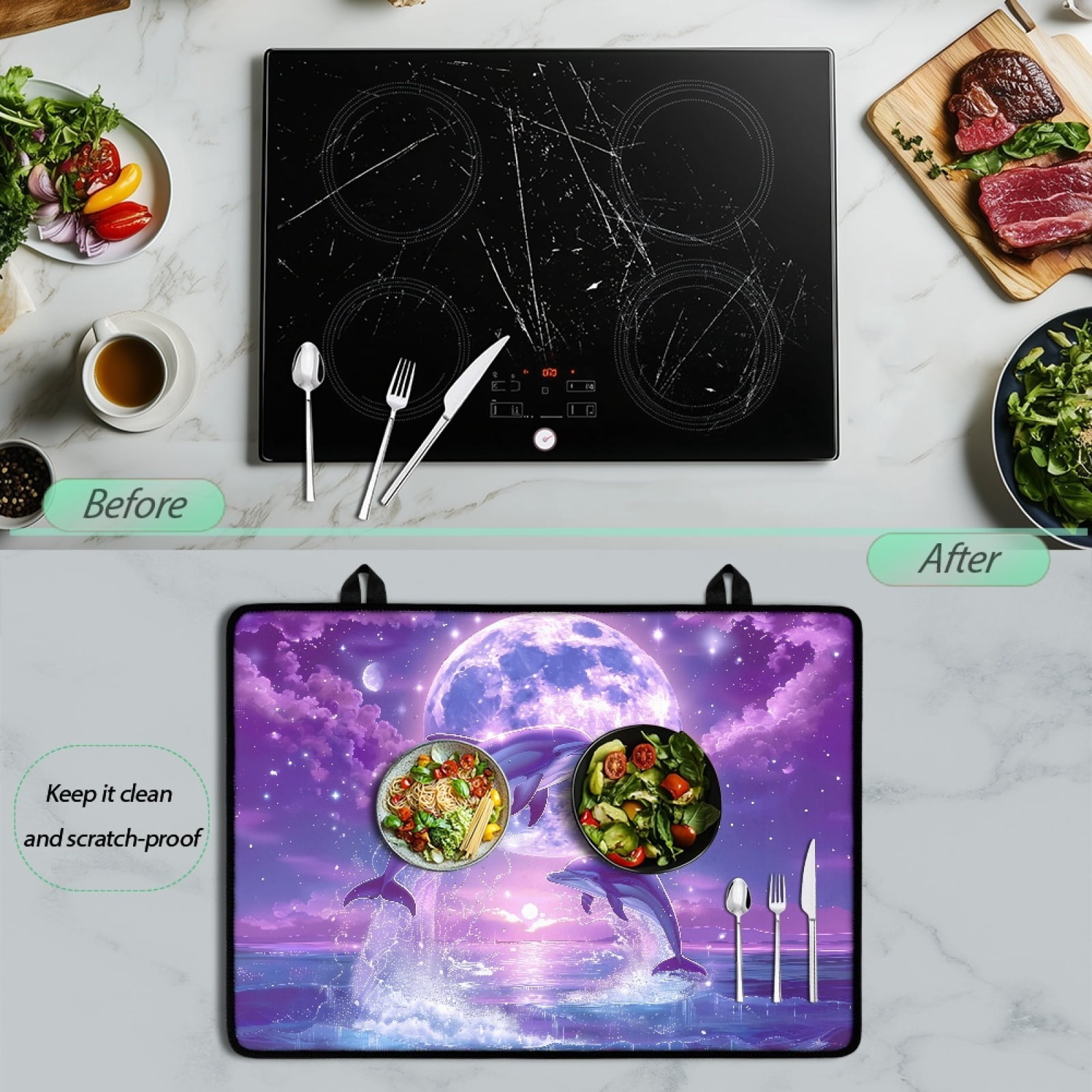 Xoenoiee Dolphin Moon Cloud Print Stove Top Cover for Electric Stove, Silicone Stove Mat for Glass Top Stove, Glass Cooktop Protector Dish Drying Mats Range Covers for Electric Stover