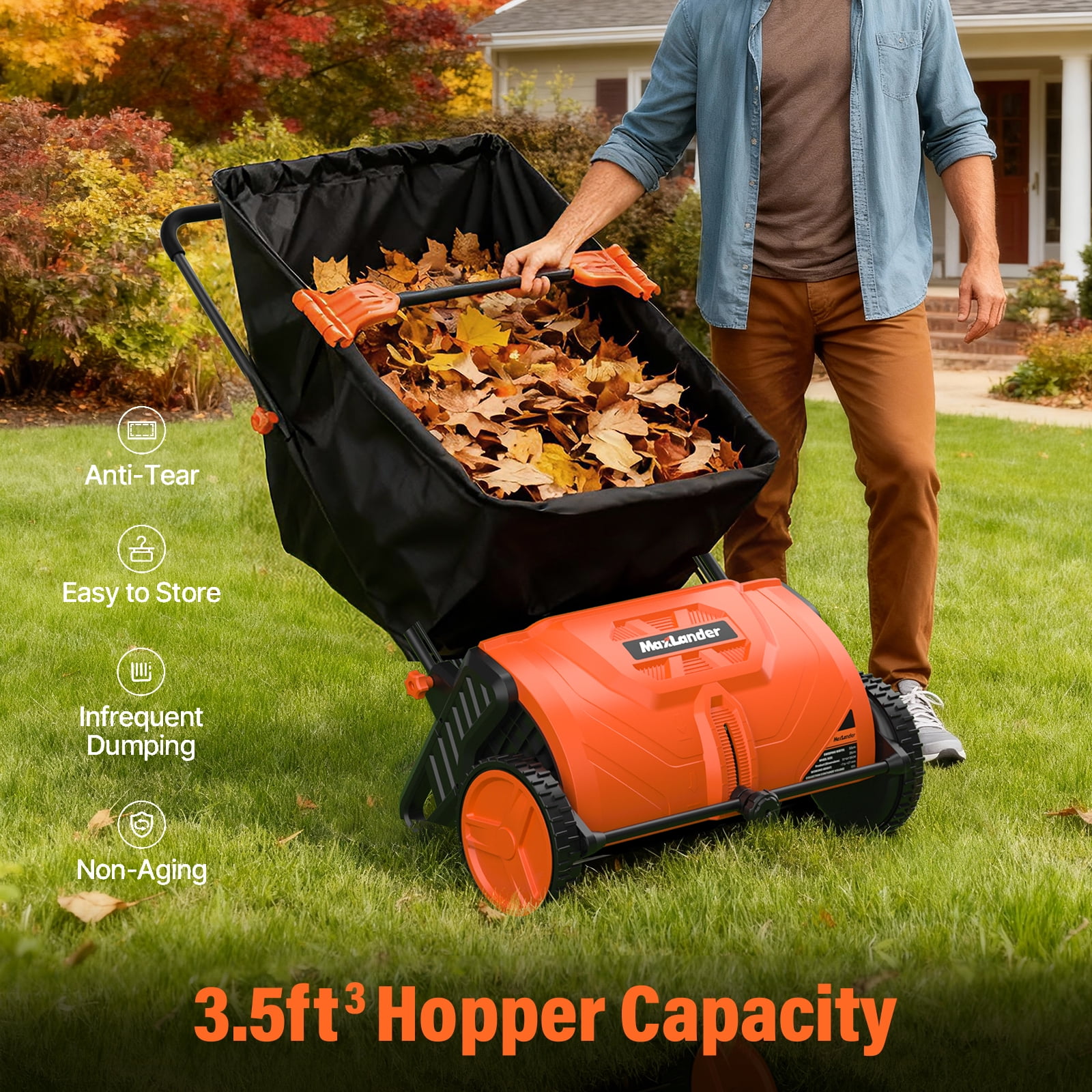21-Inch Heavy-Maxlander Duty Hand Push Leaf Sweeper, 100L Collection Bag with 3 Replaceable Brush Heads, Adjustable Handle