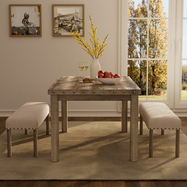 Farmhouse Dining Set 4-Person Dining Room Set, Mid-century Rectangular Wood Dining Table with 2 Upholstered Benches for Apartment Kitchen (Beige, 3PCS-Table+2 Bench)