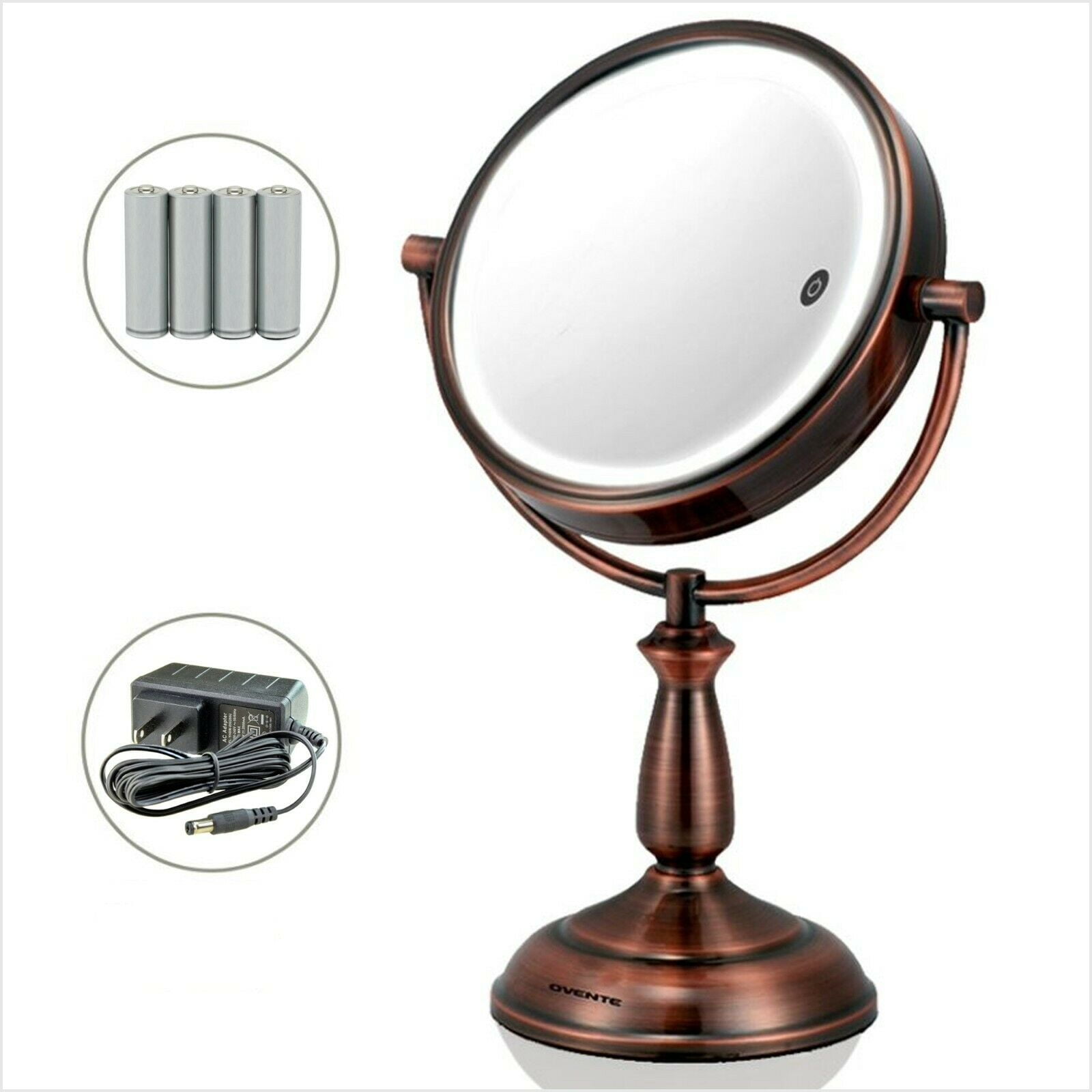 Ovente Lighted Vanity Mirror Tabletop 8 5 1x 5x Magnifier 360 Degree Double Sided 3 Tone Smart Touch Circle Led 15 Min Auto Shut Off Timer Battery Ac Plug Operated Antique Copper Ovente Lighted Vanity Mirror Tabletop 8 5 1x 5x Magnifier 360 Degree Double Sided 3 Tone Smart Touch Circle Led 15 Min Auto Shut Off Timer Battery Ac Plug Operated Antique Copper