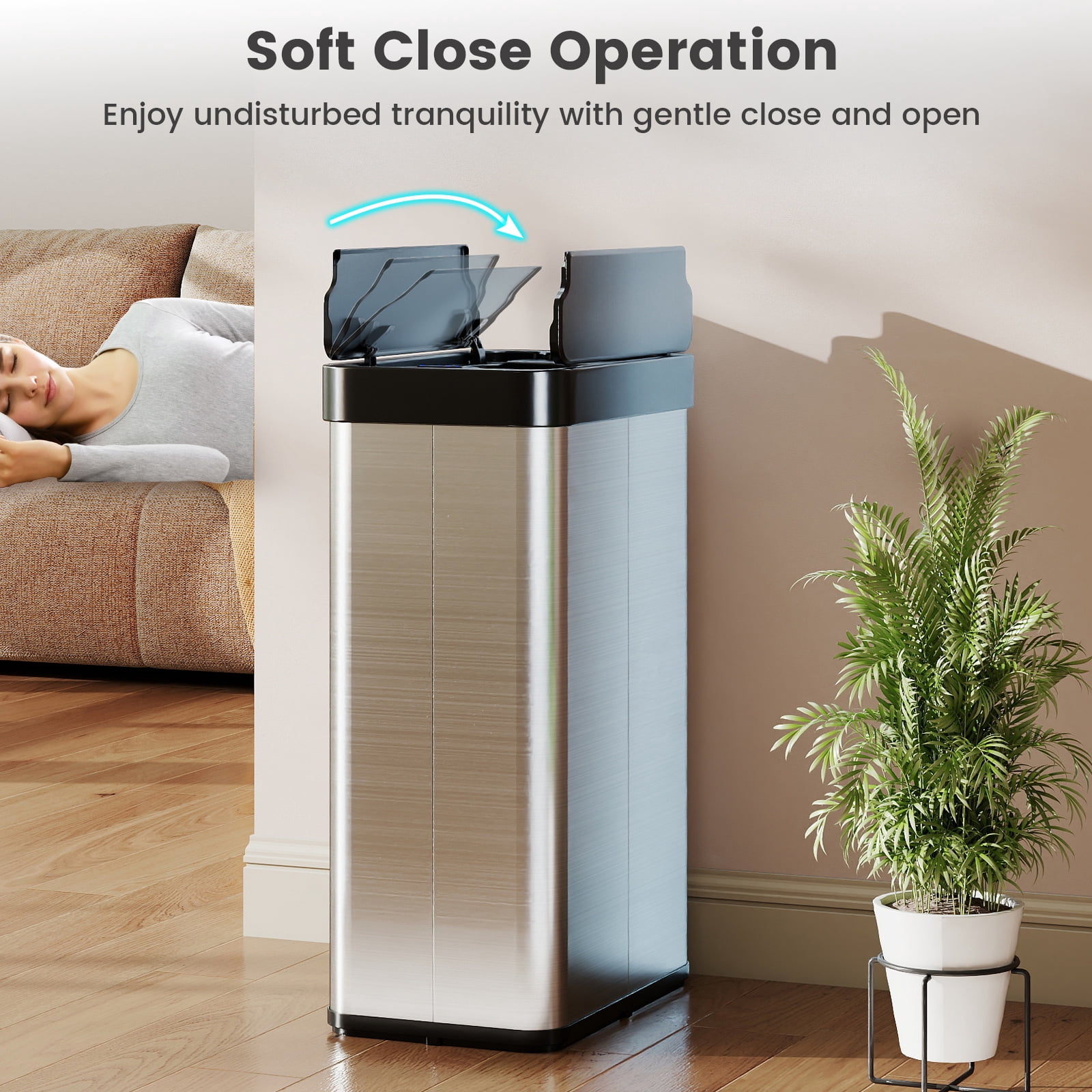 Costway 16 Gallon Trash Can with Wing Lids for Bedroom Bathroom Kitchen, Stay Open,Sliver