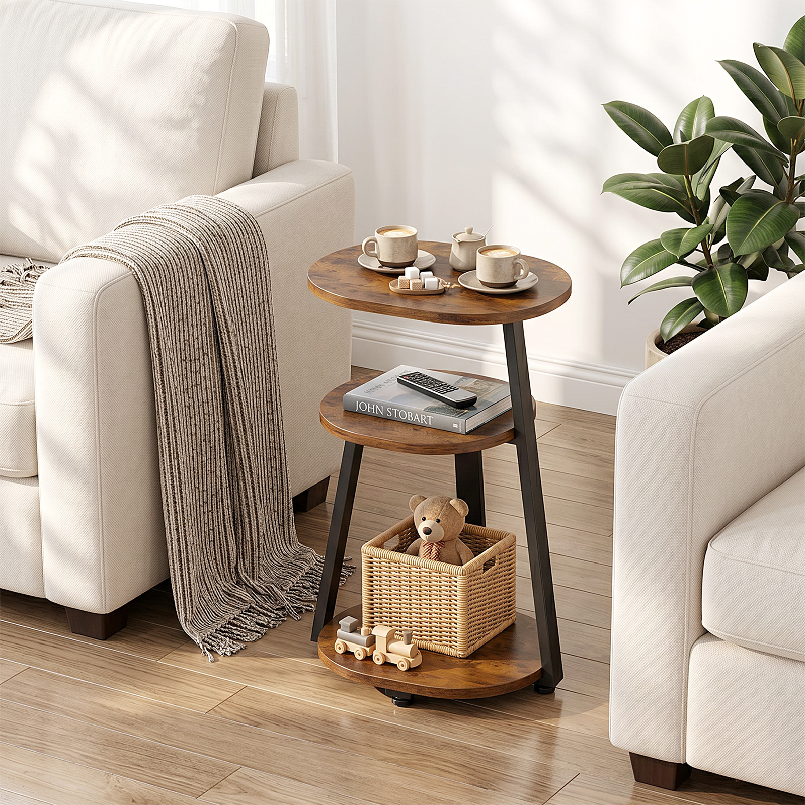 Biemlerfn 3-Tier Round Side Table, Black & Brown photo 6