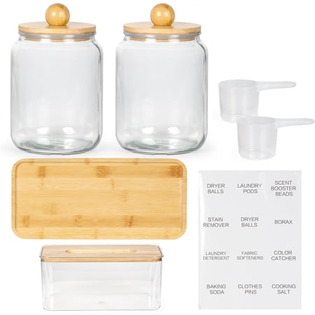 Glass Laundry Jars with Airtight Lids - Kitchen & Laundry Room Organization Containers with Dryer Sheet Holder,Bamboo Tray - Laundry Detergent Powder Half Gallon Storage Canisters with Labels