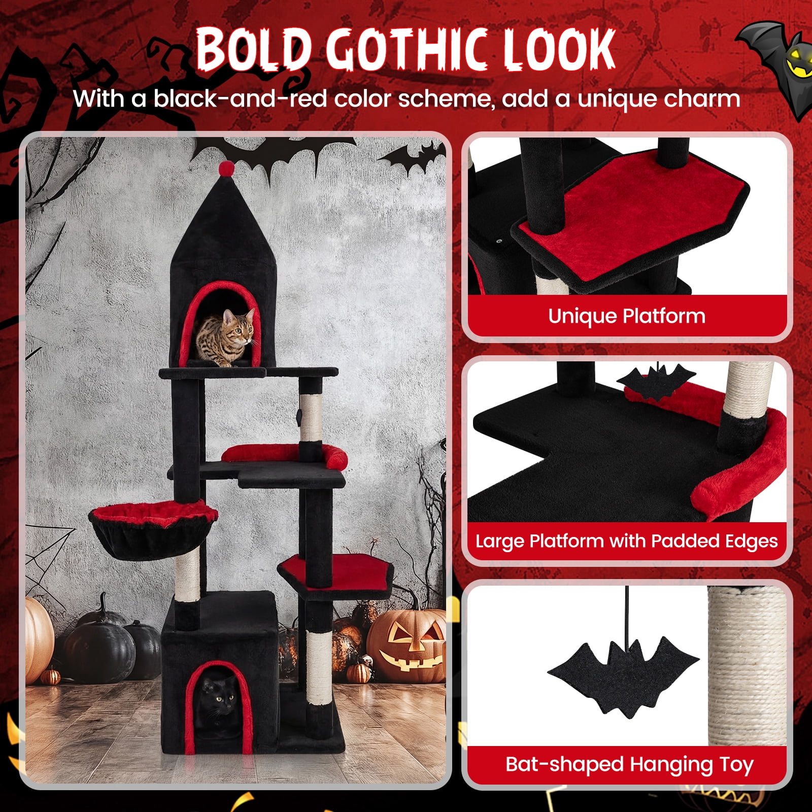 Gymax 63'' Gothic Cat Tree w/ Condo Top Cave Sisal Scratching PostsBat Hanging Toy
