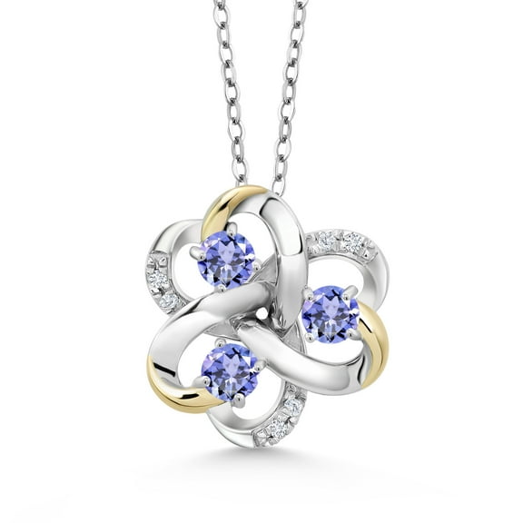 Gem Stone King 925 Silver and 10K Yellow Gold Round Blue Tanzanite and White Lab Grown Diamond 3-Stone Pendant Necklace for Women (0.95 Cttw, Gemstone December Birthstone, with 18 inch Chain)