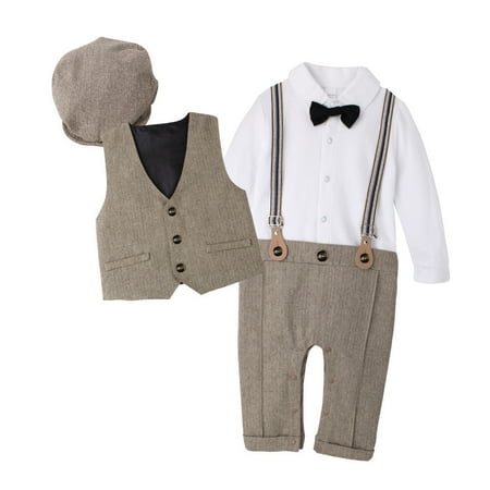 

3Pcs Infant Baptism Outfits for Baby Boy Tuxedo Long Sleeve Gentleman Include Jumpsuit/Vest Coa/Beret Hat for Boys Suit 0-3Y