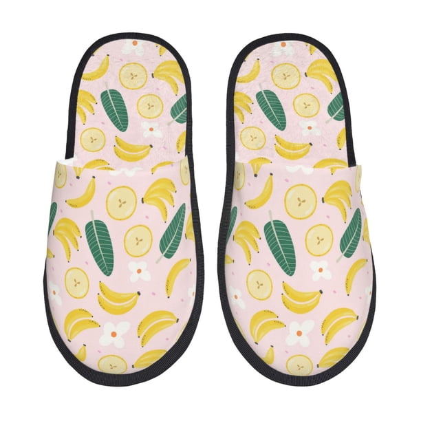 Fotbe Banana With Leaves Pantuflas Peludas para Mujer con Estampado, Zapatillas de Peluche, Zapatos de Invierno para Casa, Uso Interior y Exterior-Medium