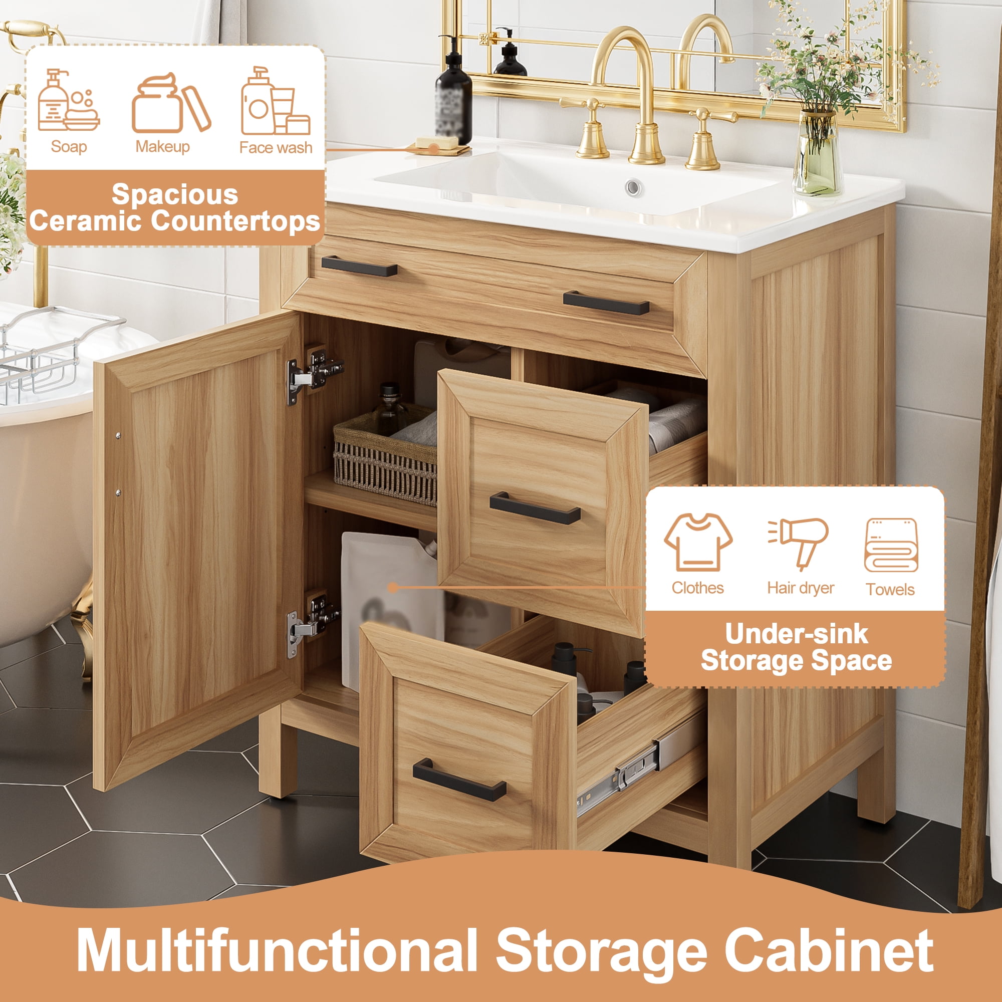 Harper & Bright Designs 30" Wood Bathroom Vanity with Sink, Bathroom Cabinet Freestanding with Drawers, Modern Bathroom Cabinet Freestanding with Adjustable Shelf, Acacia Wood