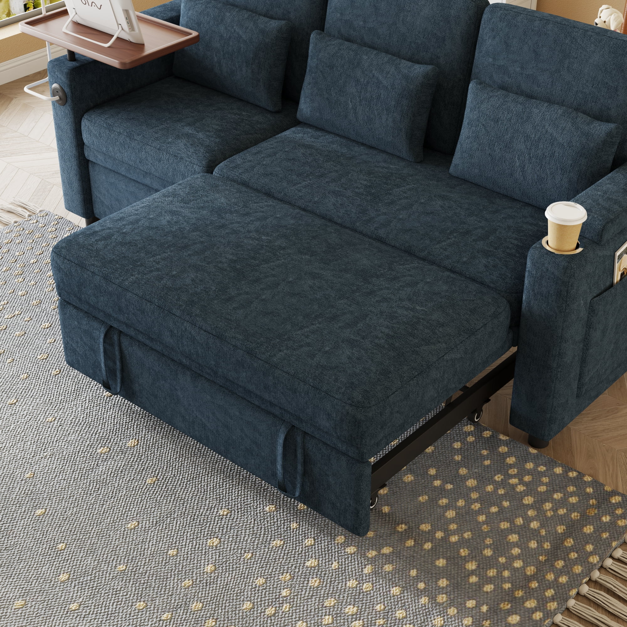 ShiKeyi 83" 3-in-1 Convertible Sofa Bed, Chenille 3 Seater Couch with Sleeper Sofa Function, Adjustable Backrest, USB Ports & Storage Armrests, Blue