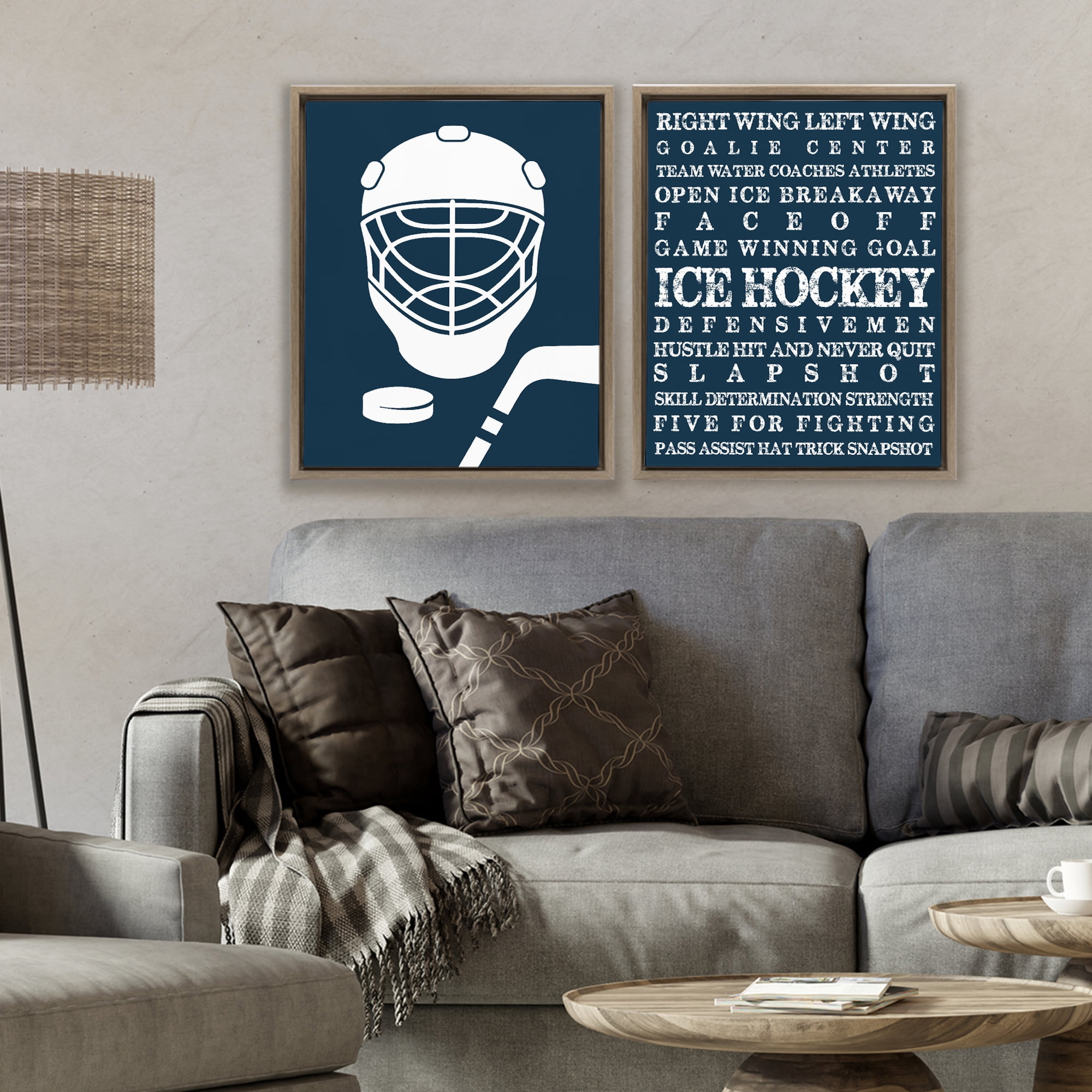 Stupell Industries Hockey Equipment & Phrases 2 Piece Brown Framed Floater Canvas Set, design by Melody Hogan
