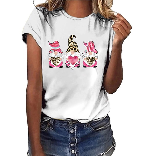 Qiopertar Mode de la Saint-Valentin Femme Blouse à Col Rond Imprimée Manches Courtes T-Shirt Hauts Liquidation Livraison Gratuite Offres de la Semaine Liquidation