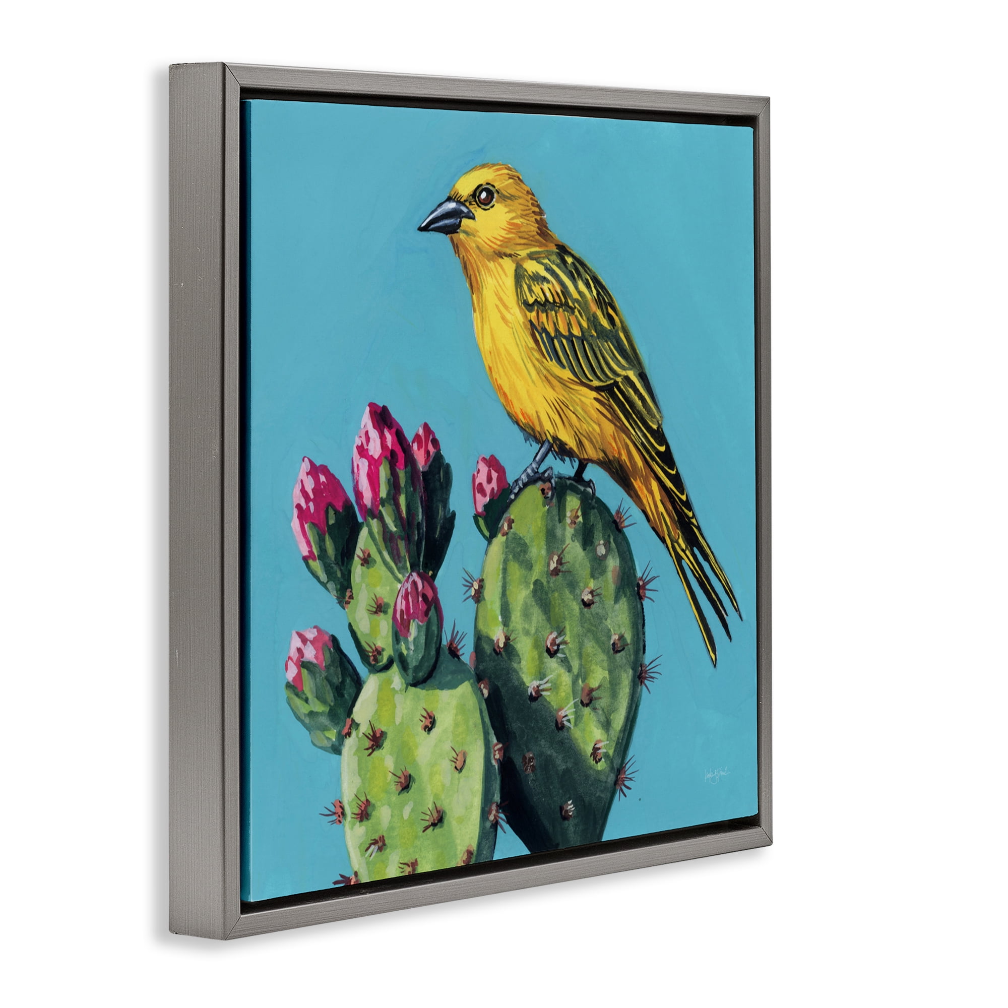 Stupell Industries Yellow Bird on Cacti Bloom Gray Framed Floater Canvas Wall Art, design by Kate Jarvik Birch
