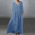 thumbnail image 2 of MIUOWANP Vacation Dresses for Women 2024 Womens Spring And Summer V-Neck Solid Cotton And Linen Casual Pocket Long Sleeved Dress On Sale,Size XL Blue, 2 of 7