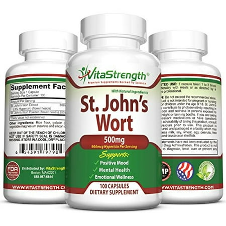 Premium St. John's Wort - 500mg x 100 Capsules - Saint Johns Wort Extract for Mood Support - Promotes Mental Health & Eases Symptoms of Anxiety &