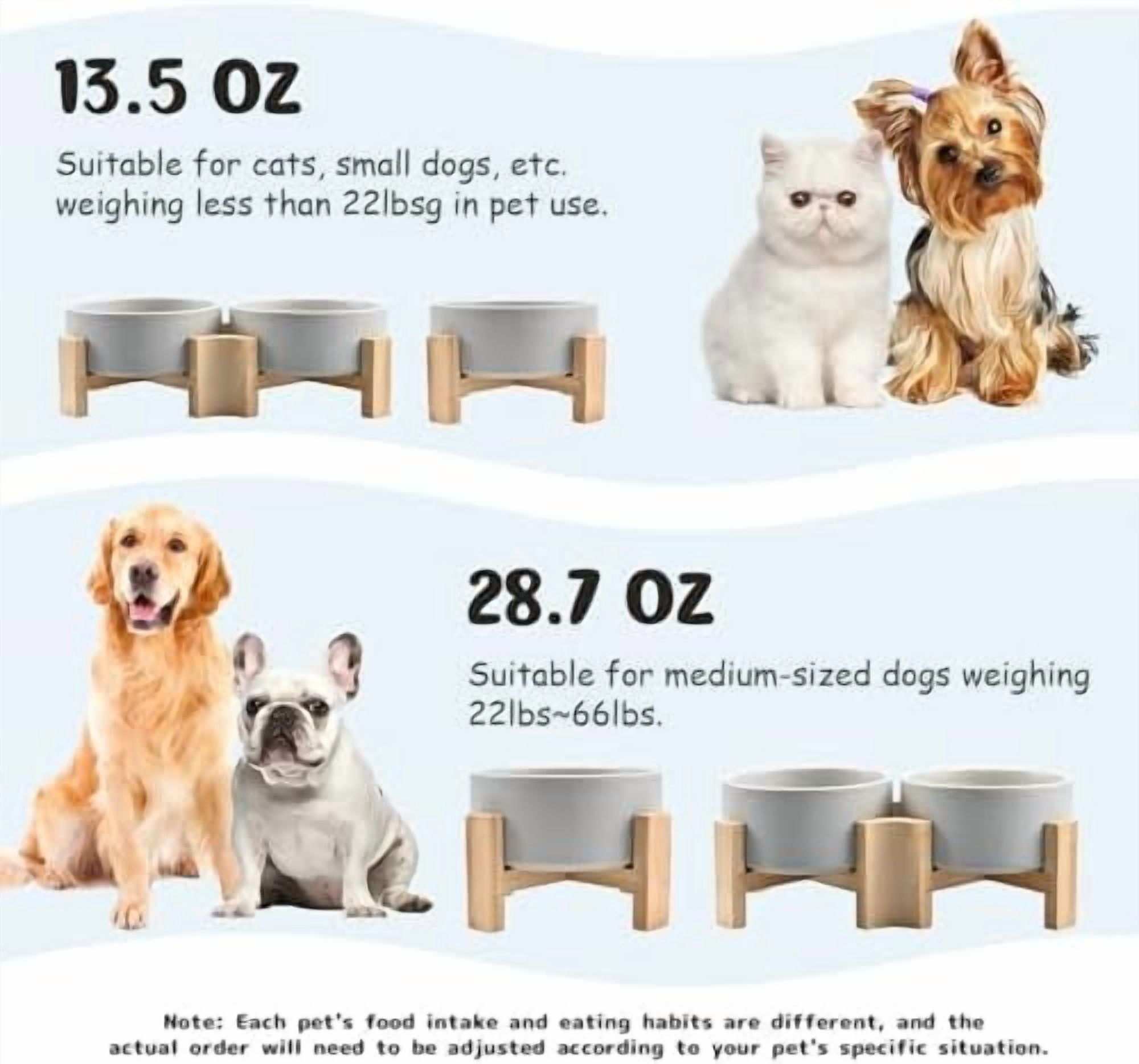 15° Slanted Ceramic Dog and Cat Bowl with Wooden Stand, Tilted Bulldog Food and Water Bowl No Slip Non-Spill for Cats Medium Dogs Big Face Pets 13.5 OZ (1.7 Cups, Grey × 2)