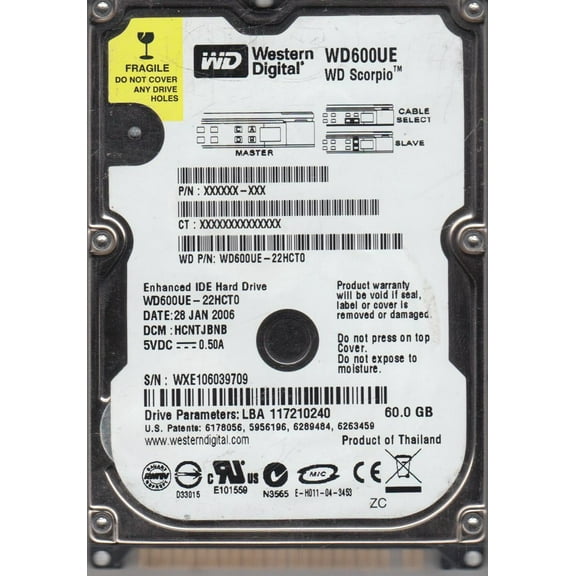 WD600UE-22HCT0, DCM HCNTJBNB, Western Digital 60GB IDE 2.5 Hard Drive