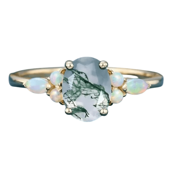 Oval-Cut Natural Moss Agate & Opal Solitaire Engagement Ring in 925 Sterling Silver for Women – Unique, Elegant, and Timeless