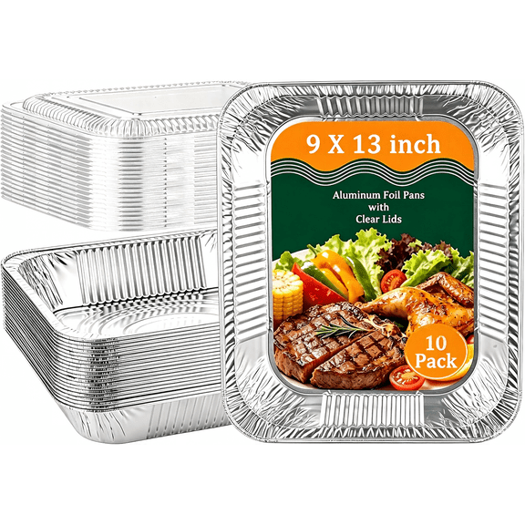 10 Pack 9X13 Inch Aluminum Foil Pans with Clear Lids Half Size Deep Extra Heavy Duty Disposable Aluminum Pans for Baking, Cooking, Roasting, Heating