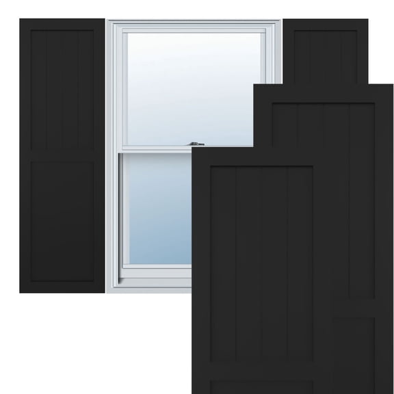 12"W x 25"H True Fit PVC Farmhouse/Flat Panel Combination Fixed Mount Shutters, Black (Per Pair - Hardware Not Included)