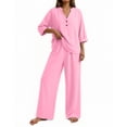 thumbnail image 2 of Guieoi Matching Outfits for Women Linen Two-Piece Set Summer V-neck Button-down Top and Wide-leg Pants Casual Commuter Loose-fit Vacation & Loungewear Pink M, 2 of 7
