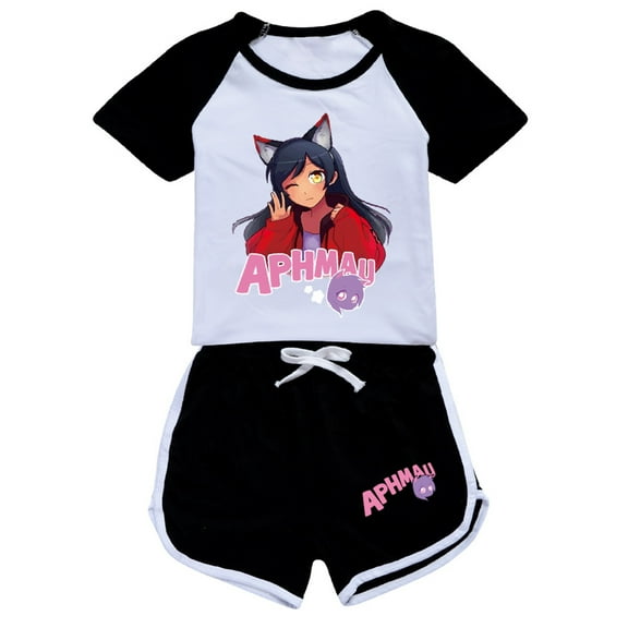 Girls Crop Shorts Set Aphmaus Graphic Short Sleeve Top Lounge Sets Toddler Kids 2 Piece Tracksuit Outfit Age 3-13 Years