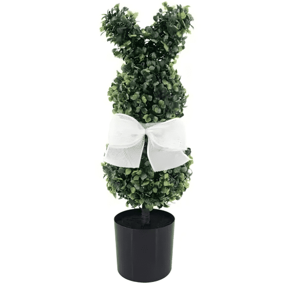 Easter 21" Boxwood Bunny Topiaries - with White Bow Potted Artificial Greenery Plant, Easter Spring Holiday Decor Indoor Outdoor, by FlareFable (2PCS)