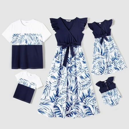 PatPat Family Matching Outfits Mommy and Me Dress Girl Dresses and Colorblock Short Sleeve T-shirts Boy 2-9 T