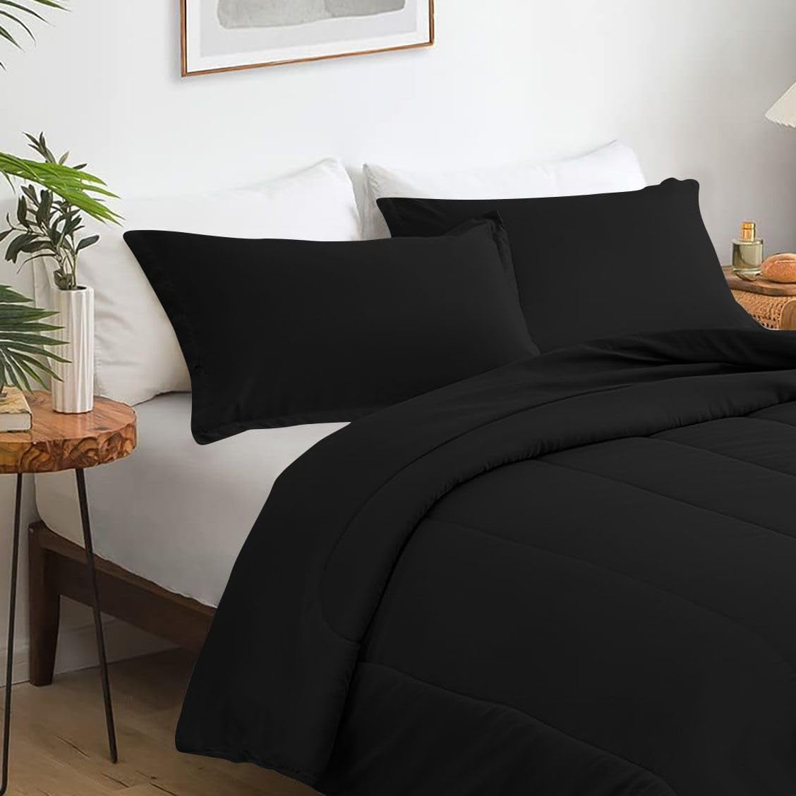 5 Piece Luxury Thicker Pattern Comforter Set, 800 TC, 100% Egyptian Cotton, Super King Size Black Solid Color
