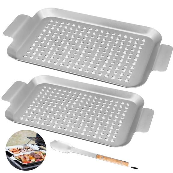 BBQ Grill Pan Set of 2, Grill Topper Pans with Long Tong, Metal Grilling Baskets with Holes & Handles, Perforated Grilling Trays, Indoor Outdoor Barbecue Accessories