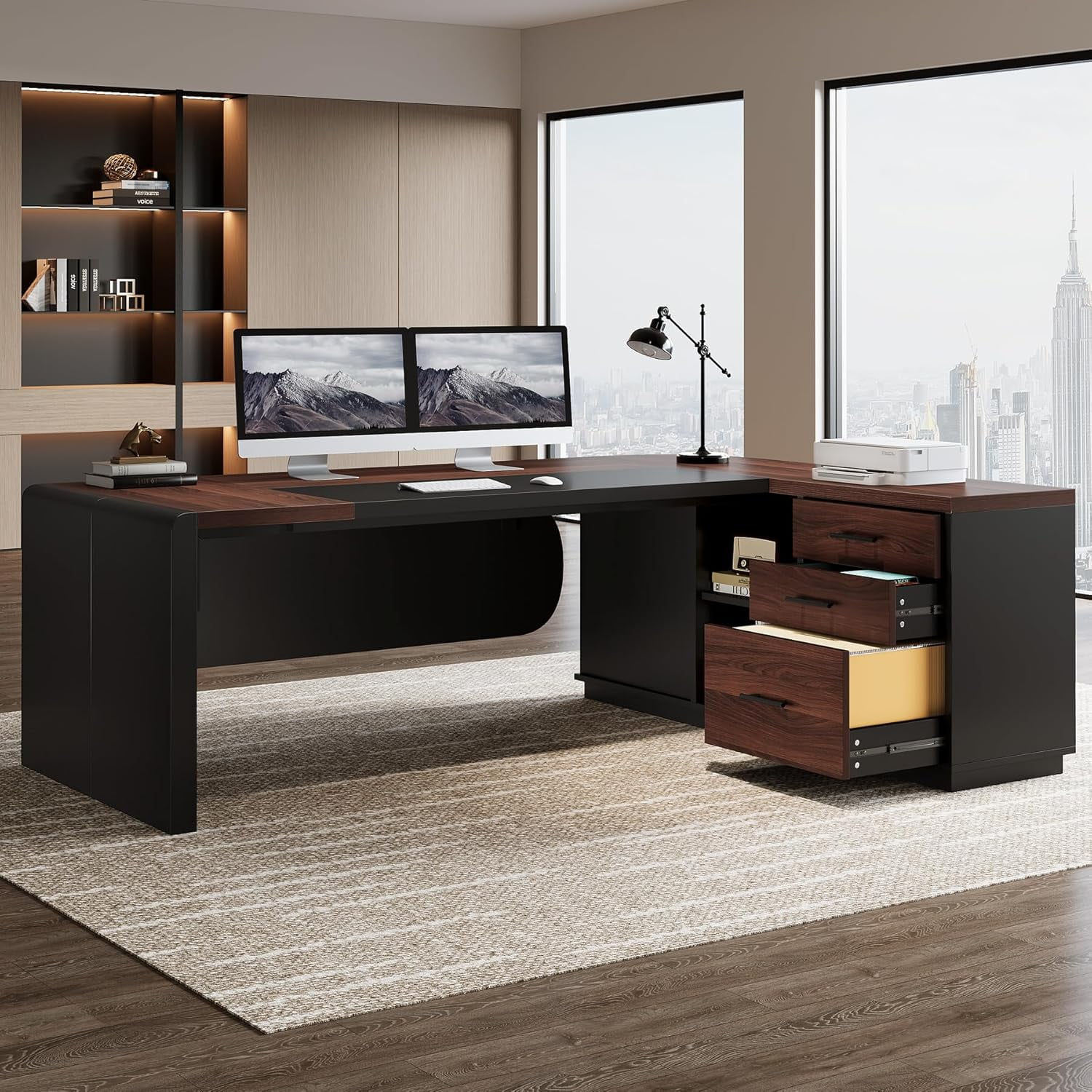 Finmind 80" L-Shaped Desk, Large Executive Office Desk with 55'' Drawers Cabinet
