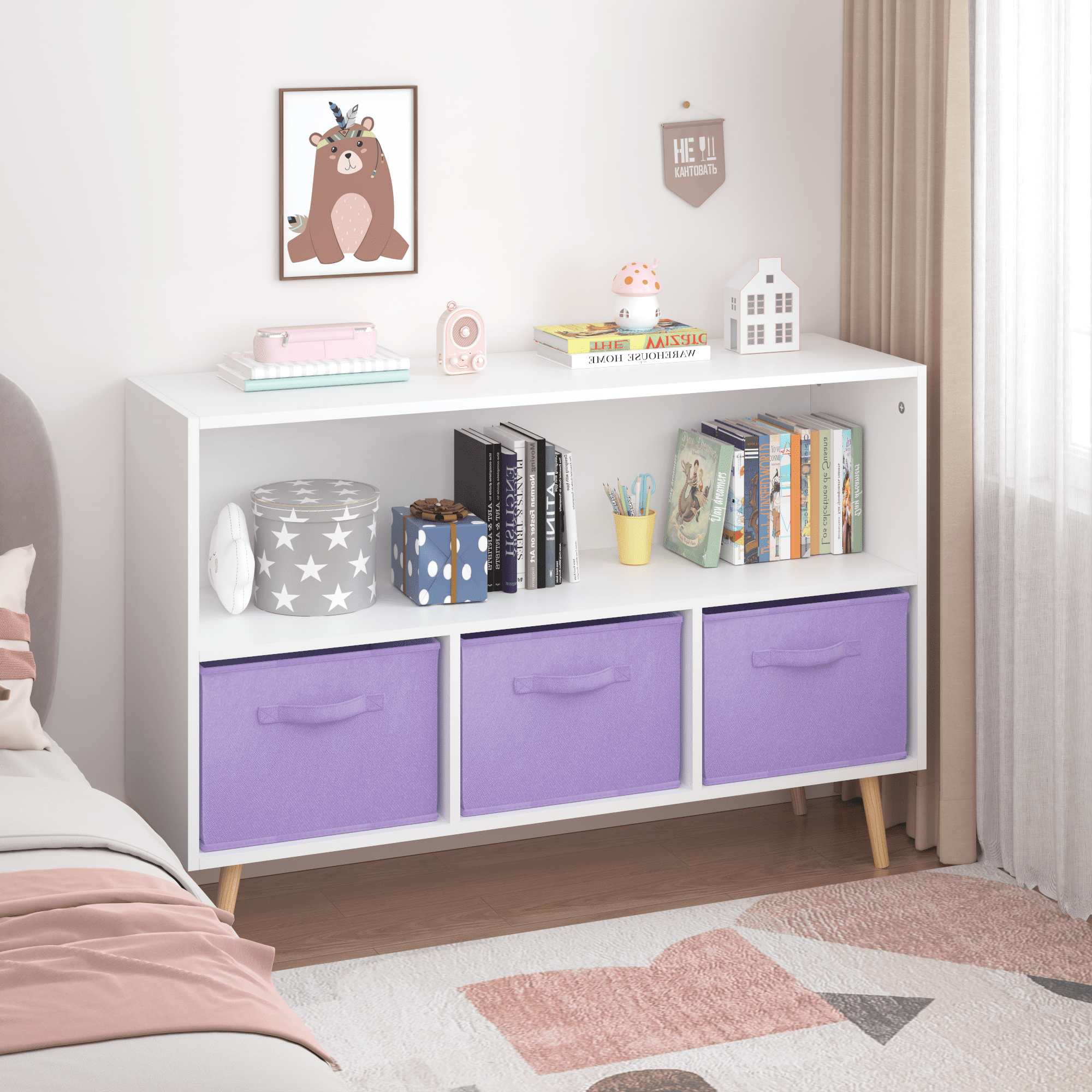 Kids Bookcase with Collapsible Fabric Drawers, Children Book Display & Toy Storage Organizer, White/Purple, Anti-Tip Safety Cabinet