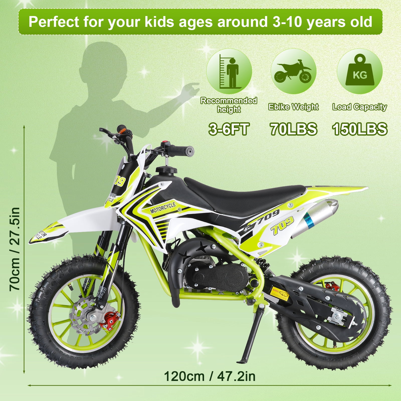Kids Gas Motorcycle - 49cc Mini Bike with Front & Rear Disc Brakes, Wear-Resistant Tires & Ergonomic Handle for Off-Road Fun (Cool Green)