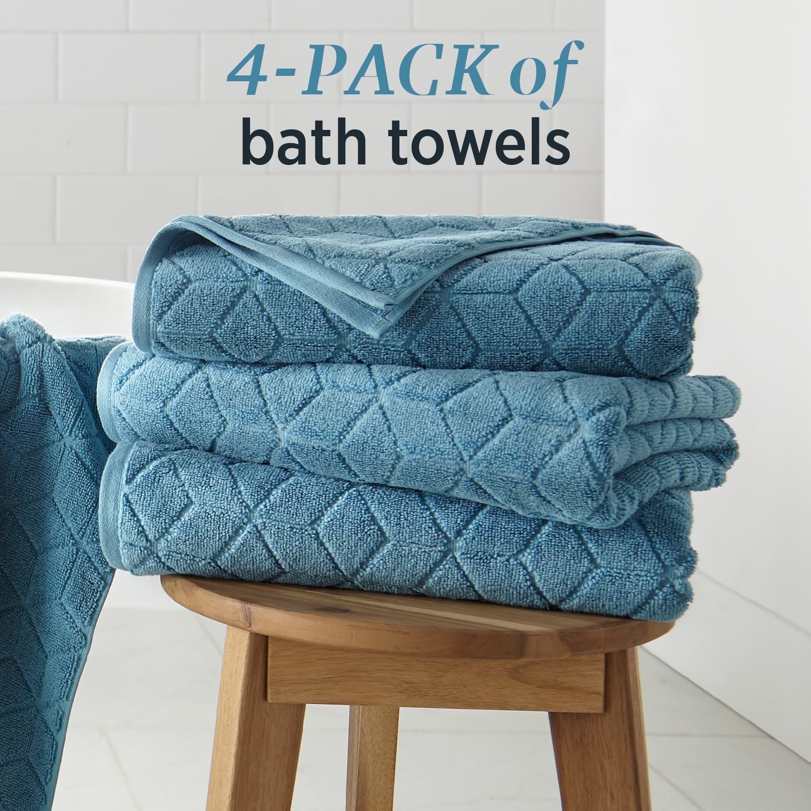 WelHome 100% HYGROCOTTON® 4-Piece Textured Soft Bath Towels Set, Delphinium Blue, 550 GSM, 30" x 56", Large, Absorbent & Plush Bathroom Towels