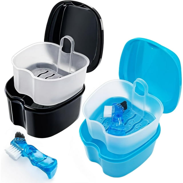 2 Pack Denture Cleaning Case Retainer Cup with Brush, Denture Holder False Teeth Container Retainer Bath Case Mouthguard Cleaning Case - Black and Blue