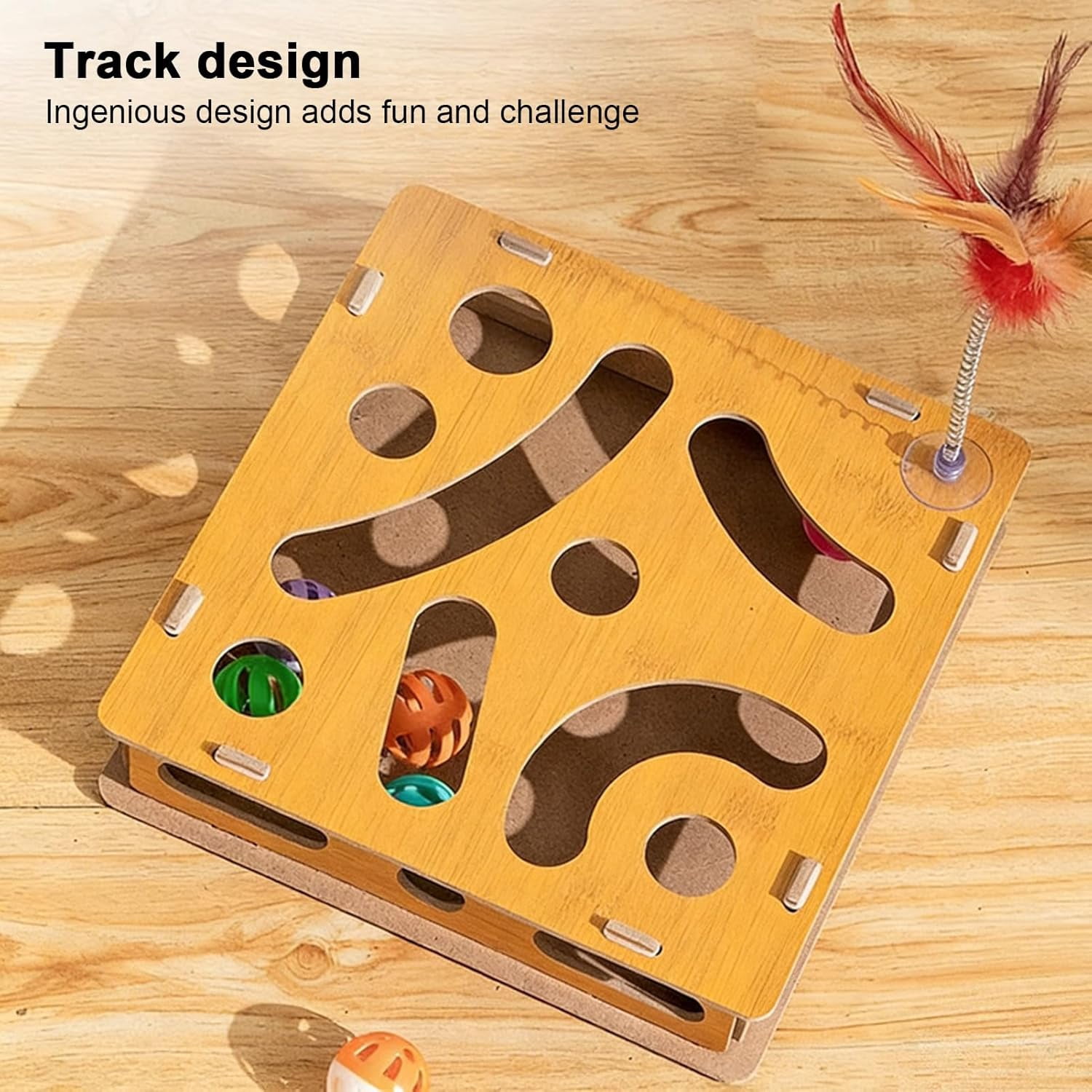 Cat Scratch Board with Bell, Interactive Wooden Toy for Indoor Cats