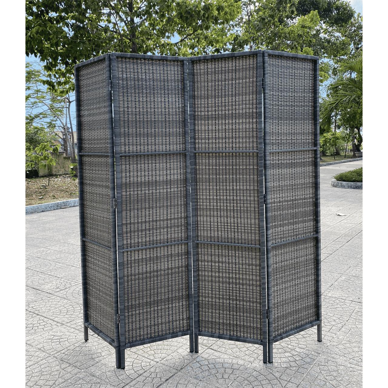 4 Panels Patio Outdoor Privacy Screen Room Divider Grey Resin Wicker Weather Resistant