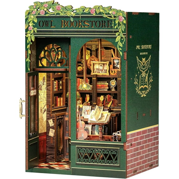 Book Nook Kit  DIY 3D Wooden Miniature House Puzzle for Adults, Teens & Beginners, Dollhouse-Style Bookshelf Insert with LED, Creative Library Decor & Unique Gift for Book Lovers & Craft Fans (Owl)