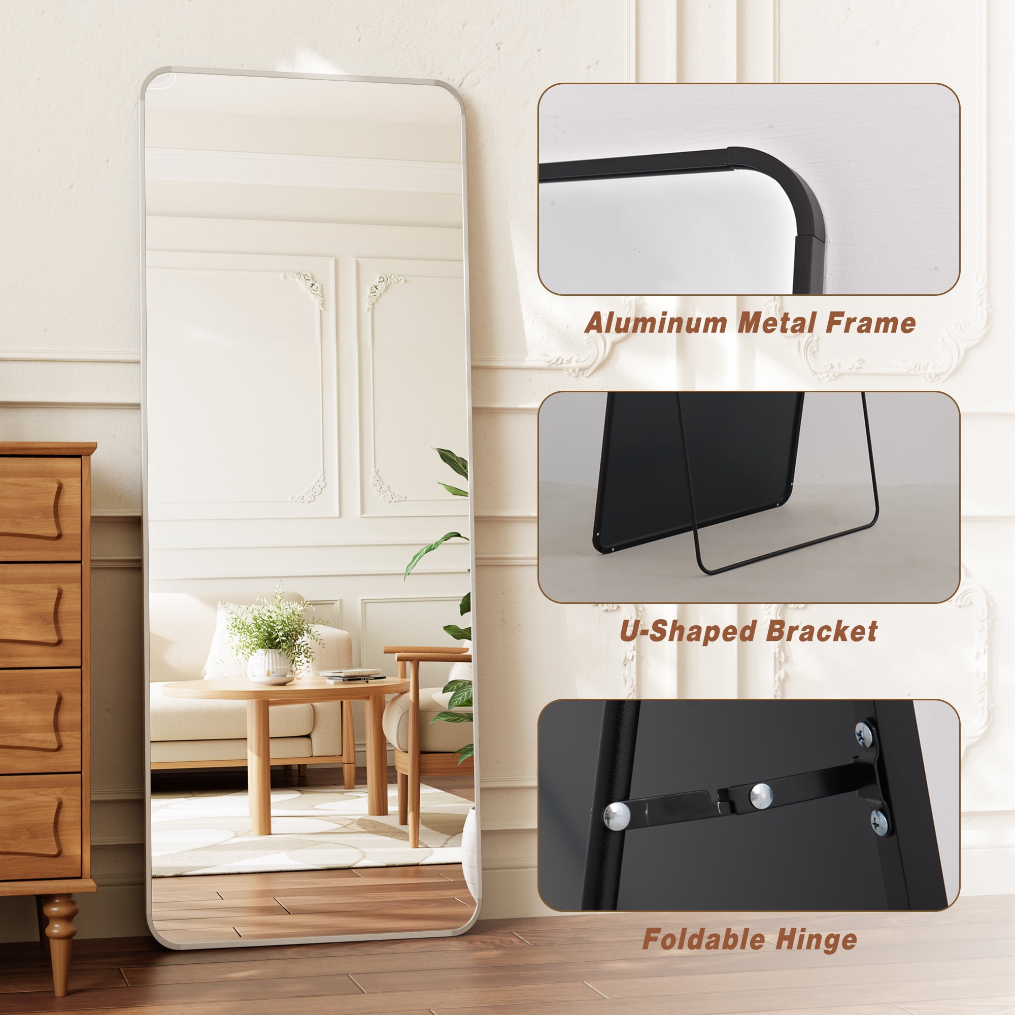 Easy4Home 56"x21" Full Length Mirror Rectangular Standing Floor Mirror with Round Corner, Silver